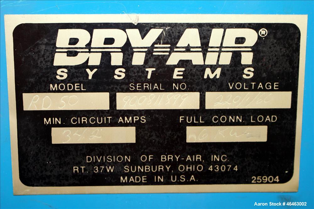 Used Bry-Air Systems RD Series Resin Desiccant Dryer, Model RD-50. Process CFM 30 at 10" ESP, drying capacity 35 to 60 pounds per hour depending on product. Includes blower, desiccant beds, and a con...
