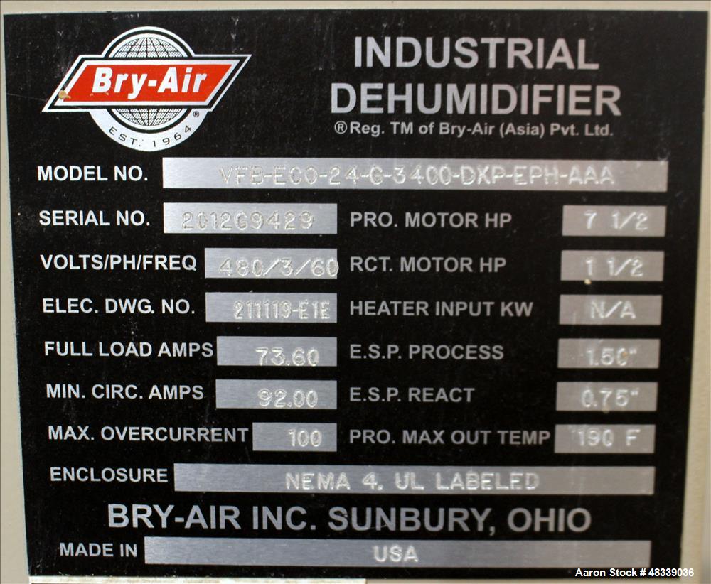 Used Bry-Air Industrial EcoDry Dehumidifier, Model VFB-ECO 24-G-3400-DXP-EPH-AA