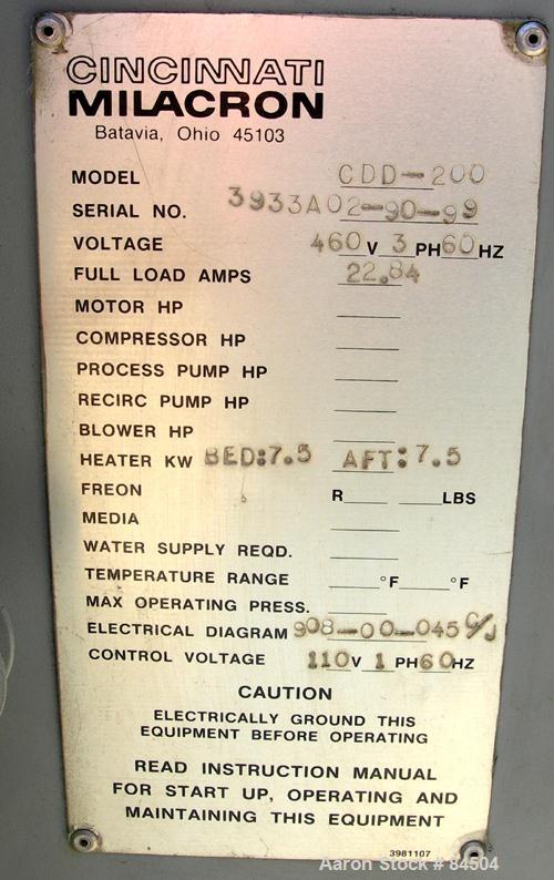 Used Cincinnati Milacron Solid Bed Style Dryer, Model CDD-200. (2) Desiccant beds. Temperature range approximately 170 to 250 deg F. Air flow approximately 125 cfm. 3/60/460 volt, 22.84 amp. Mounted ...