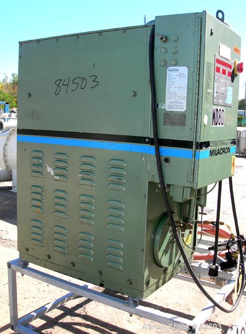 USED: Cincinnati Milacron Dryer, model DD-100. Temp range approximately 170 to 250 deg F. Air flow approximately 75 cfm. 3/60/460 volt, 14 amp. Includes an insulated hopper. Mounted on a frame with c...
