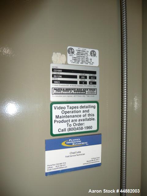 Used Conair Model CD1000 Desiccant Dryer, Serial #19921.  Includes Conair hopper model CH44-58/SP, serial #73872, hopper with approximately 44"0D X 82" straight side dimensions with approximately 36"...