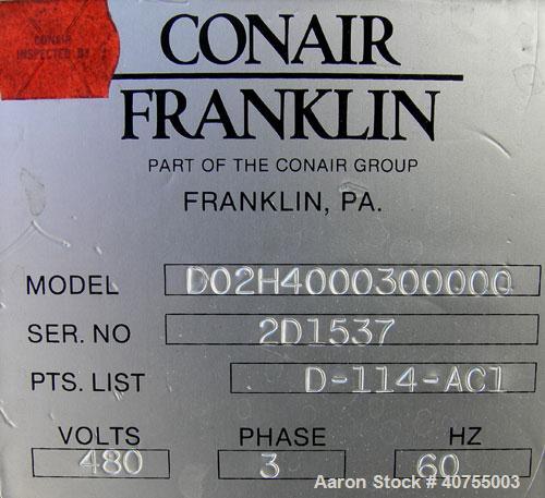 Used Conair Drying System consisting of: (1) Conair dehumidifying dryer, model CD200, 150 CFM, temperature range 160 - 250 Degrees F. 3 desiccant cartridges. 3/60/480 Volt. Includes Compudry control ...