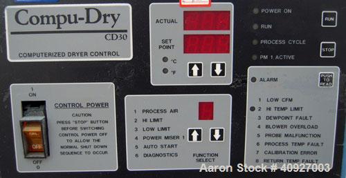 Used Conair Drying System Consisting Of: (1) Conair Dehumidifying Dryer, Model CD30, 30 CFM, 240 Volt. (1) Desiccant cartridge. Includes Compu-Dry control panel and a model 18137101 dry-hop, mounted ...