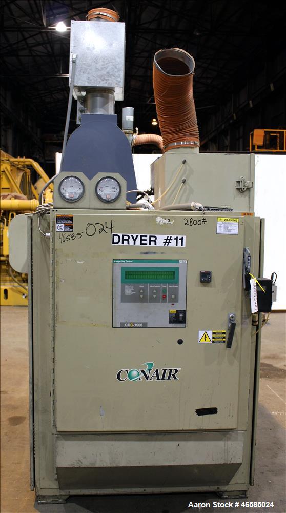 Used Conair Carousel Dehumidifying Dryer, Gas Heated, Model CDG1000, Carbon Steel. Approximate 925 CFM, drying temperature range 160 to 250 degrees F. (5) Desiccant cartridges. Includes CDG1000 Compu...