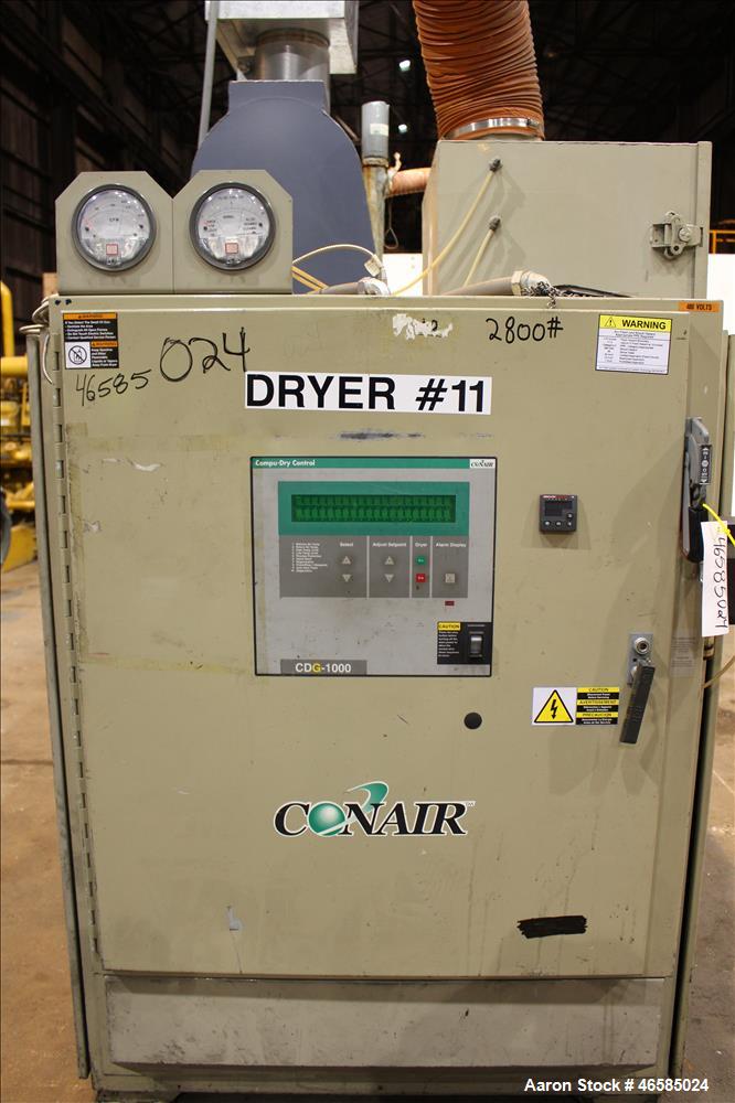 Used Conair Carousel Dehumidifying Dryer, Gas Heated, Model CDG1000, Carbon Steel. Approximate 925 CFM, drying temperature range 160 to 250 degrees F. (5) Desiccant cartridges. Includes CDG1000 Compu...