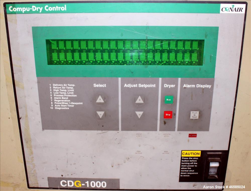 Used Conair Carousel Dehumidifying Dryer, Gas Heated, Model CDG1000, Carbon Steel. Approximate 925 CFM, drying temperature range 160 to 250 degrees F. (5) Desiccant cartridges. Includes CDG1000 Compu...