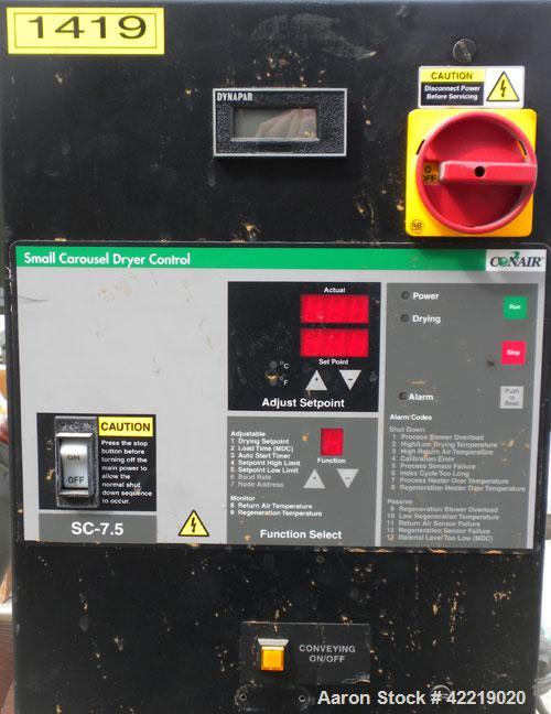 Used Conair Small Carousel Dehumidifying Dryer, model SC7.5, carbon steel, 7.5 cfm. Drying temperature range 150-375 deg F. 3/60/240 volt, 14.7 amp. Includes control panel, blower, and a model CH14-2...