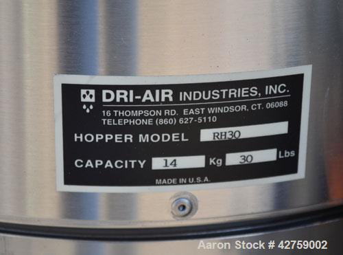 Used Dri-Air Portable Dryer, Model APD-1, Carbon Steel, Approximate 25 cfm, process rate 7.5 pounds an hour. Includes a stainless steel 30 pound hopper, model RH30. 3/240 volt, 20 amp. Mounted on a f...