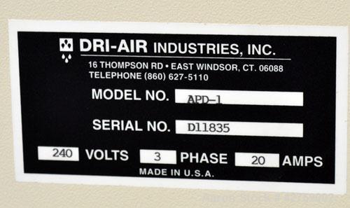 Used Dri-Air Portable Dryer, Model APD-1, Carbon Steel, Approximate 25 cfm, process rate 7.5 pounds an hour. Includes a stainless steel 30 pound hopper, model RH30. 3/240 volt, 20 amp. Mounted on a f...