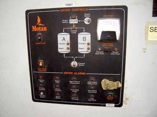 Used Motan Drying System consisting of: (1) Motan central system dehumidifying dryer, model MXS1200, approximately 1200 cfm, 3/60/480 volt. (4) Motan model DE1600ETA Process Insulated LuxorBins, alum...