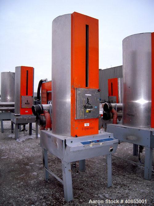 Used Motan Drying System consisting of: (1) Motan central system dehumidifying dryer, model MXS1200, approximately 1200 cfm, 3/60/480 volt. (4) Motan model DE1600ETA Process Insulated LuxorBins, alum...