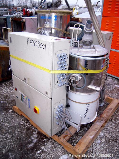 Used Motan Drying System consisting of: (1) Motan central system dehumidifying dryer, model MXS1200, approximately 1200 cfm, 3/60/480 volt. (4) Motan model DE1600ETA Process Insulated LuxorBins, alum...