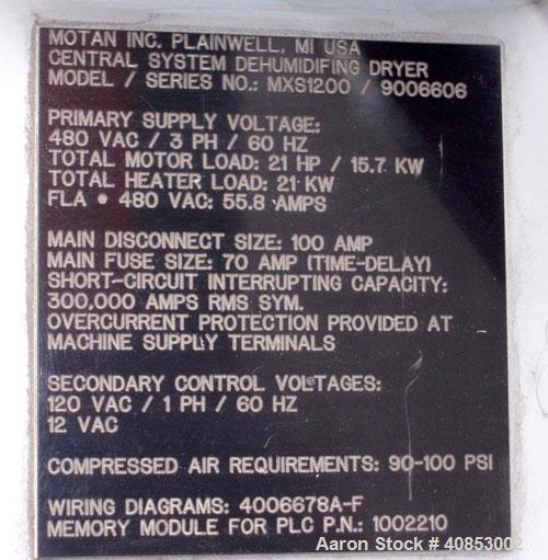 Used Motan Drying System consisting of: (1) Motan central system dehumidifyng dryer, model MXS1200, approximately 1200 cfm, 3/60/480 volt. (4) Motan model DE1600ETA Process Insulated LuxorBins, alumi...