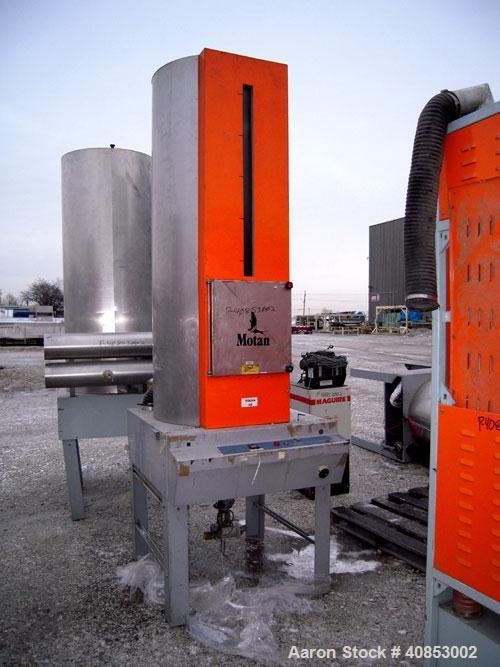 Used Motan Drying System consisting of: (1) Motan central system dehumidifyng dryer, model MXS1200, approximately 1200 cfm, 3/60/480 volt. (4) Motan model DE1600ETA Process Insulated LuxorBins, alumi...