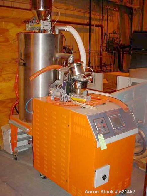 USED: Motan model MDD100 desiccant dryer. Has approximately 300 lb aluminum hopper with stainless steel skin and pneumatic receiver. Includes controls for loading, rated at 120 lbs per hour. 6 kw hea...