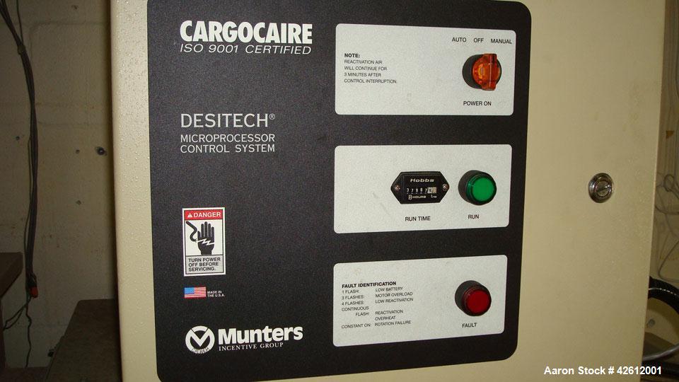 Used Munters HCD-1125-EA Desiccant Dehumidifier Dryer. Flow rate of 600 to 2250 scfm. Nominal moisture removal is 30 lbs/hour @ 75 deg F, 50% relative humidity @ 1125 scfm. Unit has 37,987 hours. Vol...