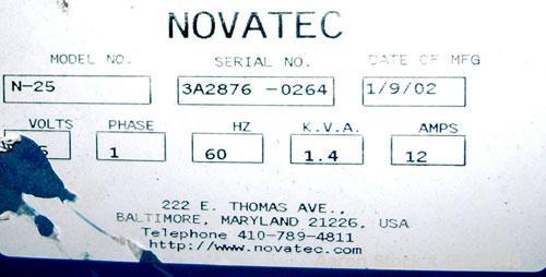 Used Novatec model N25 "Nova Drier", membrane resin dryer. Non-desiccant resin dryer with built-in proprietary membrane. Manufacturer reports guaranteed minus 40 degree dewpoint process are year roun...