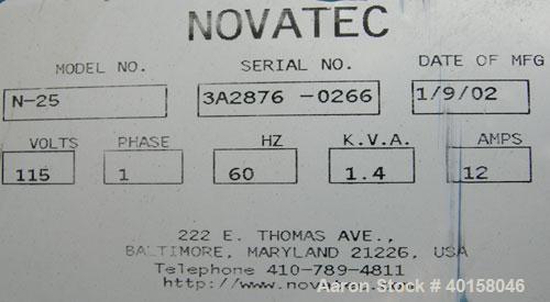 Used Novatec Nova Drier non-desiccant resin dryer, model N-25. Throughput capacity 25 pounds an hour, 5.7 scfm. Constant -40 deg or lower dewpoint process air in less than 4 minutes. Standard process...