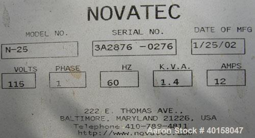 Used Novatec Nova Drier non-desiccant resin dryer, model N-25. Throughput capacity 25 pounds an hour, 5.7 scfm. Constant -40 deg or lower dewpoint process air in less than 4 minutes. Standard process...