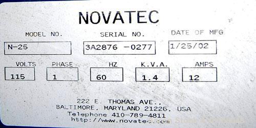 Used Novatec Nova Drier Non-Desiccant Resin Dryer, Model N-25. Throughput capacity 25 pounds an hour, 5.7 scfm. Constant -40 deg or lower dewpoint process air in less than 4 minutes. Standard process...