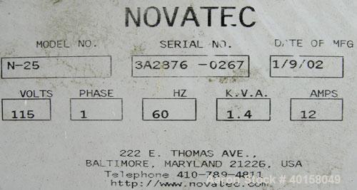 Used Novatec Nova Drier non-desiccant resin dryer, model N-25. Throughput capacity 25 pounds an hour, 5.7 scfm. Constant -40 deg or lower dewpoint process air in less than 4 minutes. Standard process...