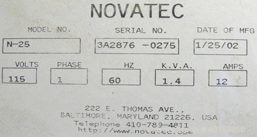 Used Novatec Nova Drier non-desiccant resin dryer, model N-25. Throughput capacity 25 pounds an hour, 5.7 scfm. Constant -40 deg or lower dewpoint process air in less than 4 minutes. Standard process...