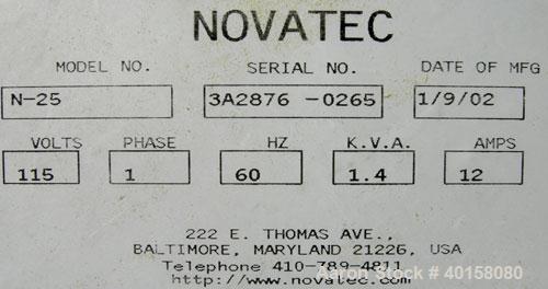 Used Novatec NovaDrier non-desiccant resin dryer, model N-25. Throughput capacity 25 pounds an hour, 5.7 scfm. Constant -40 deg. or lower dewpoint process air in less than 4 minutes. Standard process...