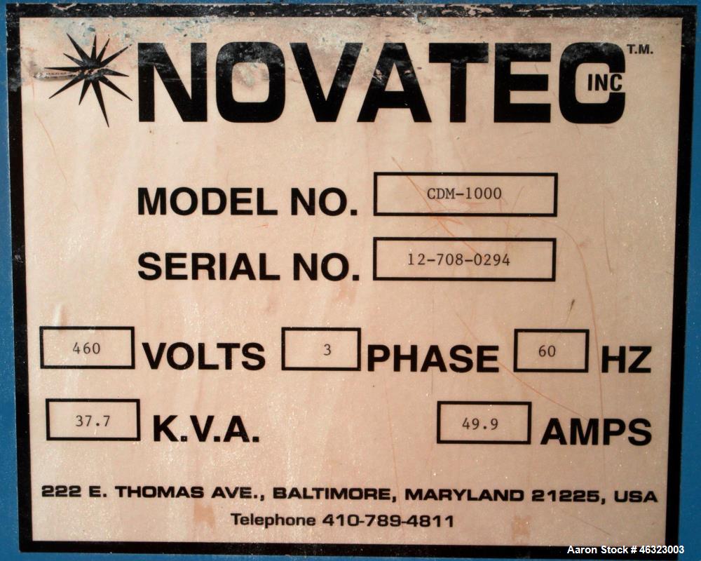Used Novatec Dessicant Drying System, Carbon Steel. Consisting of (1) Novatec dual tower desiccant bed dryer, model CDM-1000, serial #12-708-0294, 1000 CFM, includes blower, cooling coil, two stage f...