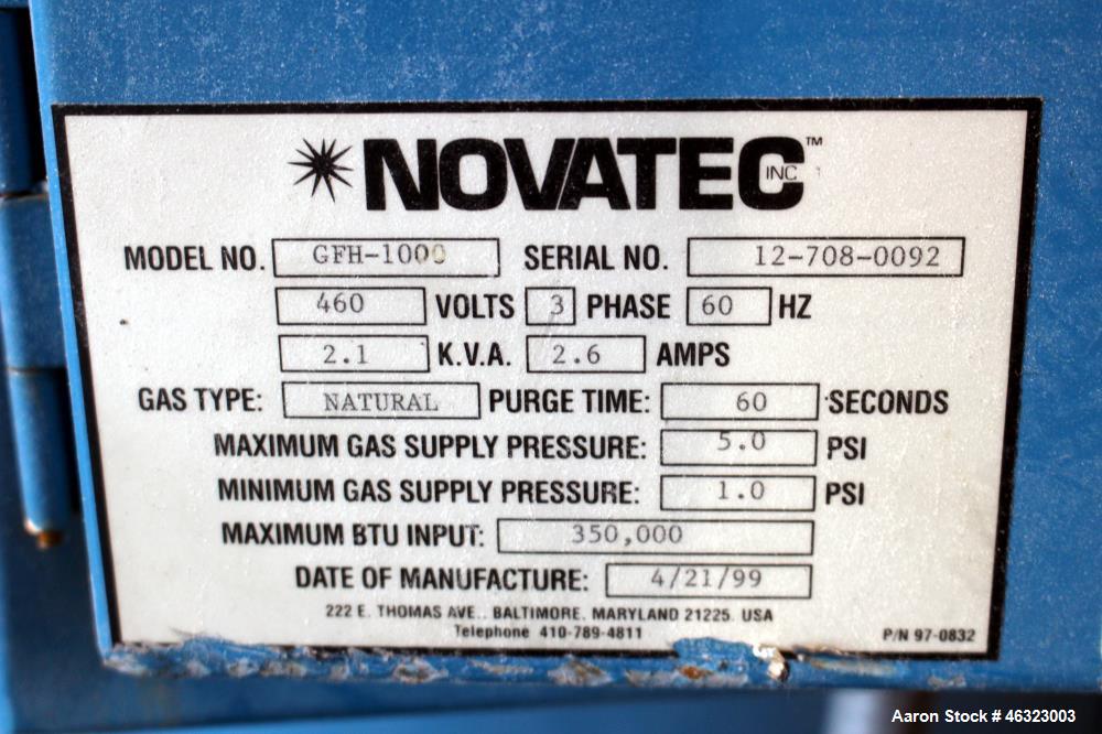 Used Novatec Dessicant Drying System, Carbon Steel. Consisting of (1) Novatec dual tower desiccant bed dryer, model CDM-1000, serial #12-708-0294, 1000 CFM, includes blower, cooling coil, two stage f...