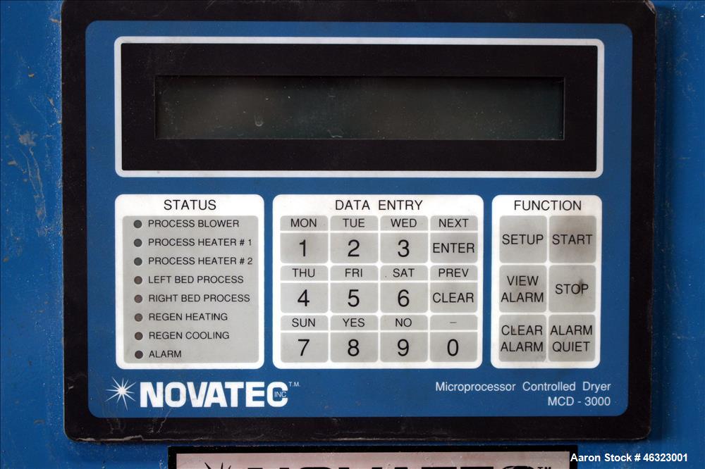 Used Novatec Dessicant Drying System, Carbon Steel. Consisting of (1) Novatec dual tower desiccant bed dryer, model CDM-750, serial #12-798-0296, 750 CFM. Includes blower, cooling coil, two stage fil...