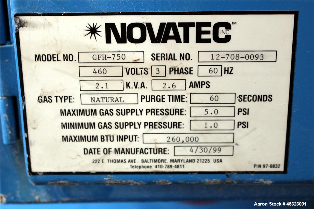 Used Novatec Dessicant Drying System, Carbon Steel. Consisting of (1) Novatec dual tower desiccant bed dryer, model CDM-750, serial #12-798-0296, 750 CFM. Includes blower, cooling coil, two stage fil...