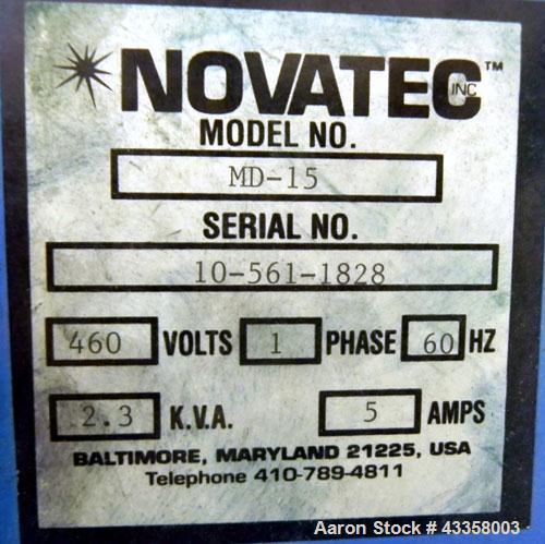 Used Novatec Micro Resin Dryer, Model MD-15. Throughput capacity 15 pounds an hour, 15 cfm. Constant -40 deg. Standard process temperature 275 degrees F. 1/60/460 volt, 2.3 kva, 5 amps. Unit includes...