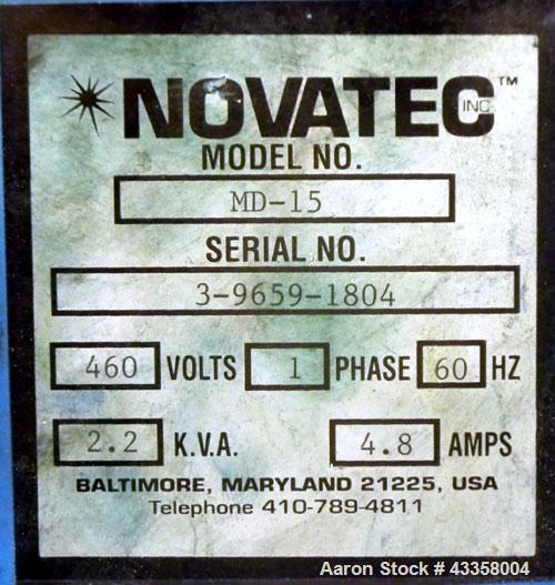 Used Novatec Micro Resin Dryer, Model MD-15. Throughput capacity 15 pounds an hour, 15 cfm. Constant -40 deg. Standard process temperature 275 degrees F. 1/60/460 volt, 2.3 kva, 4.8 amps. Unit includ...