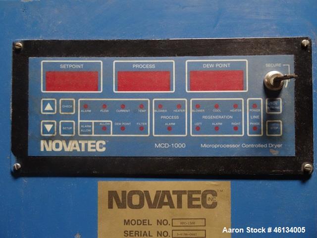 Used Novatec Dual Desiccant Hopper Dryer, Model MPC-1500. Dual desiccant beds, capacity up to 1500 CFM, electrically heated, with dual fines collectors, 10 hp circulation blower, with control panel, ...