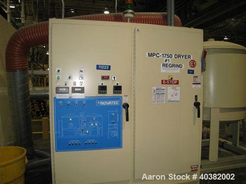 Used Novatech model MPC-1750 desiccant dryer. Desiccant drying system package includes dryer, 15000 lb insulated hopper with stand, 25 hp stand alone process blower and all controls. Material handlin...