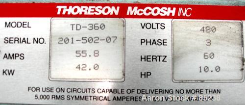 USED: Thorsen-McCosh Closed Loop Triple Dessicant Bed Dryer, modelTD-360. CFM 360, 3/60/480 volt, 55 amp. Unit includes a Tech 3 automated intelligence control panel. Includes a drying hopper.