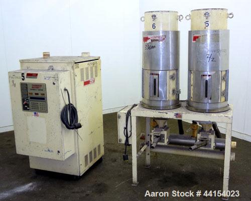 Used Thoreson McCosh Thermal-D Desiccant Dryer, Model TD 60, Carbon steel. Rated 60 CFM, 3/60/460 volt, 12 kw, 15.9 amps. Includes (2) 100# capacity hoppers mounted on a common frame.
