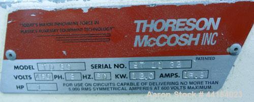 Used Thoreson McCosh Thermal-D Desiccant Dryer, Model TD 60, Carbon steel. Rated 60 CFM, 3/60/460 volt, 12 kw, 15.9 amps. Includes (2) 100# capacity hoppers mounted on a common frame.