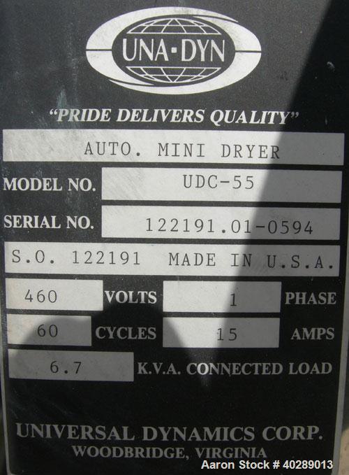 Used Una-Dyn Mini Dryer, model UDC-55. Solid absorption type. Approximately 55 cfm. 1/60/460 volt, 15 amp, 6.7 kva. Includes insulated drying hopper, carbon steel. 18" diameter x 20" straight side x ...