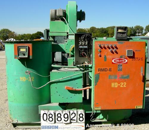 Used Unadyn Dehumidifier Dryer, Model DHD-50. Dual desiccant beds, 1250 process CFM, 3/60/460 Volt. Includes a control panel, 5000 pound 2 section drying hopper and a cyclone.