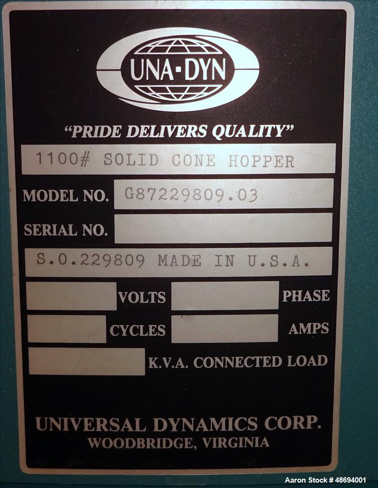 Used Una-Dyn Dehumidifying Hopper Dryer, Model DHD-6, Approximate 250 CFM.
