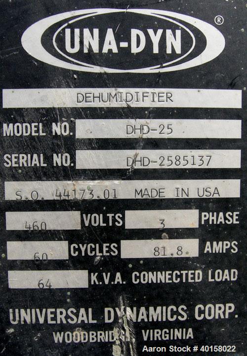 Used Unidyn model DHD25 dessicant dryer. 460 volt AC input, serial #DHD2585137. Includes insulated hopper, 54" O.D. X 100" straight side X 36" cone bottom. Approximate 150 cubic foot capacity.
