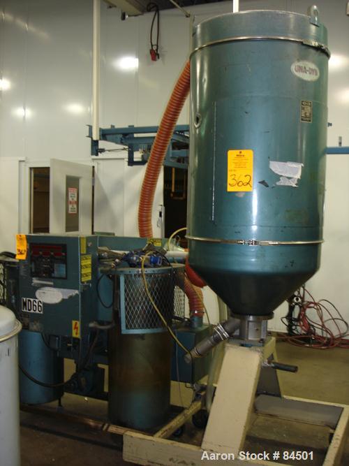 Used Una-Dyn Desiccant Dryer, Model DHD4. Process cfm 125. Temperature range 170-250 deg F, 3/60. Includes a 600 pound dryer hopper. Mounted on a frame with casters.
