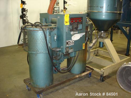 Used Una-Dyn Desiccant Dryer, Model DHD4. Process cfm 125. Temperature range 170-250 deg F, 3/60. Includes a 600 pound dryer hopper. Mounted on a frame with casters.