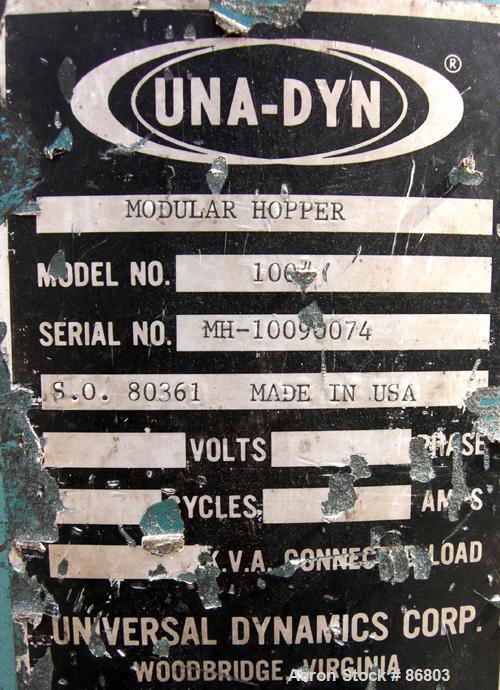 USED: Una Dyn Dry Spot desiccant dryer, model DS. Two cycles, singlebed, 65 minute cycle. 1/60/460 volt, 11.3 amp, 5.3 kva. Approximate30 process cfm. Unit includes a 100 pound modular hopper. Mounte...