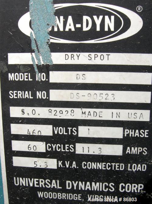 USED: Una Dyn Dry Spot desiccant dryer, model DS. Two cycles, singlebed, 65 minute cycle. 1/60/460 volt, 11.3 amp, 5.3 kva. Approximate30 process cfm. Unit includes a 100 pound modular hopper. Mounte...