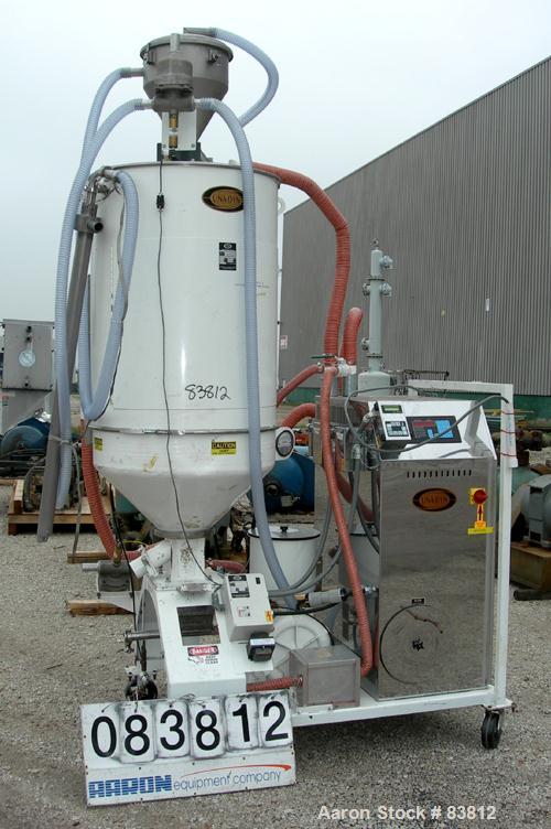 USED: Una-Dyn automatic mini dryer, model UDC100. Dual desiccant beds. Approximately 180 to 250 degrees F. temperature range. 3/60/460 volt, 23.8 amp, 18.9 kva. Includes a 400 pound modular hopper, m...