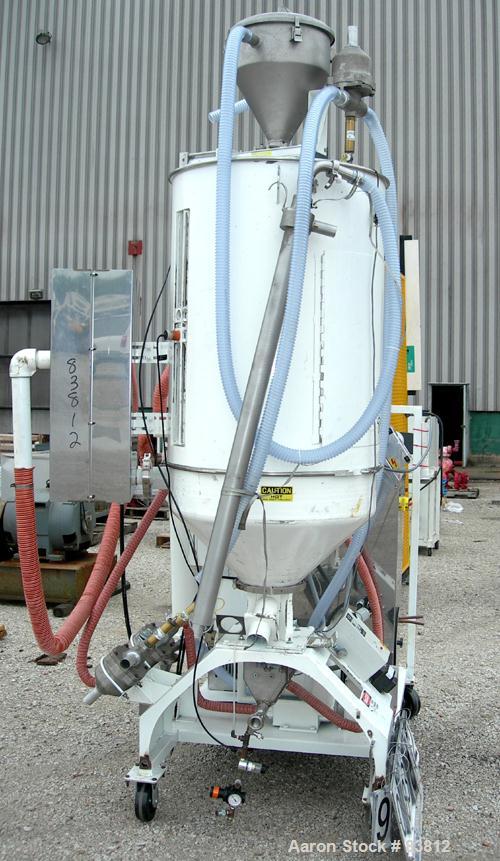 USED: Una-Dyn automatic mini dryer, model UDC100. Dual desiccant beds. Approximately 180 to 250 degrees F. temperature range. 3/60/460 volt, 23.8 amp, 18.9 kva. Includes a 400 pound modular hopper, m...