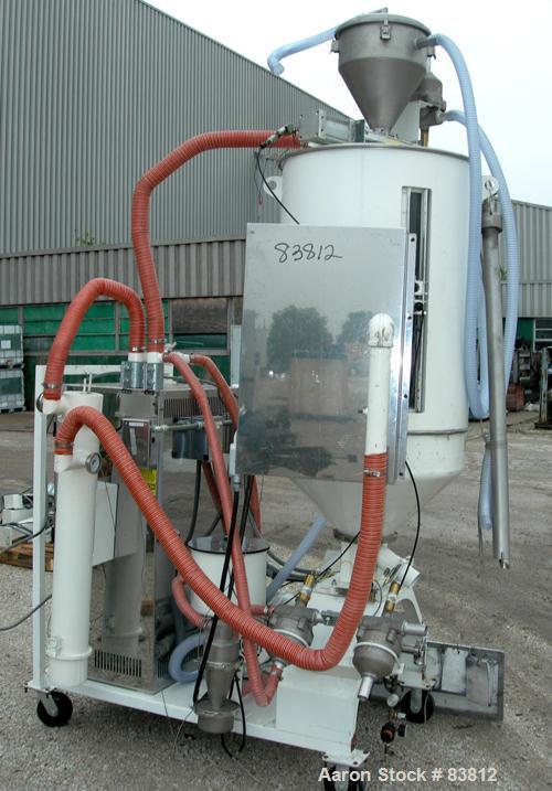 USED: Una-Dyn automatic mini dryer, model UDC100. Dual desiccant beds. Approximately 180 to 250 degrees F. temperature range. 3/60/460 volt, 23.8 amp, 18.9 kva. Includes a 400 pound modular hopper, m...