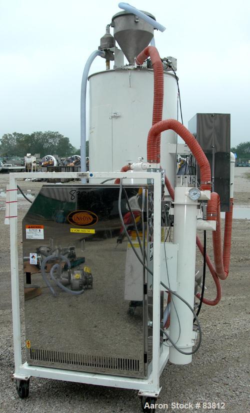 USED: Una-Dyn automatic mini dryer, model UDC100. Dual desiccant beds. Approximately 180 to 250 degrees F. temperature range. 3/60/460 volt, 23.8 amp, 18.9 kva. Includes a 400 pound modular hopper, m...